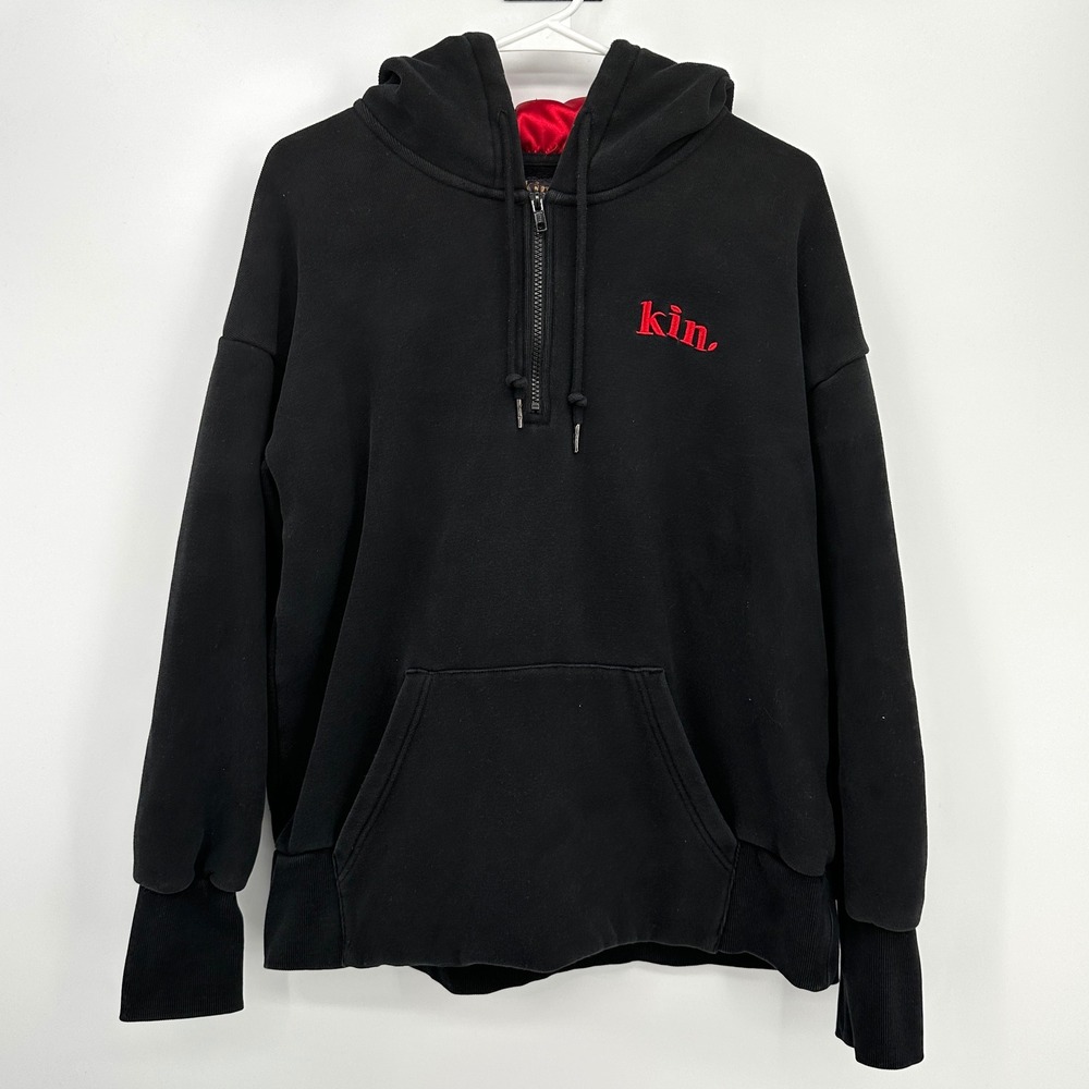 Kin Apparel Black Quarter Zip Satin Lined Hoodie Red Logo Unisex S/M Haircare